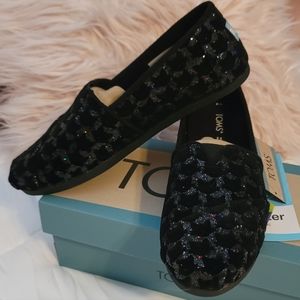 Toms Alpargata Shoes Black Flocked Cats Iridescent Glitter Shoes Halloween Theme